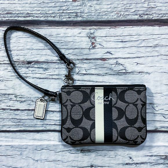 Coach Womens Purse Wristlet Gray Black Logo Zipper Close Blue Lining 6" x 4" - Picture 2 of 8